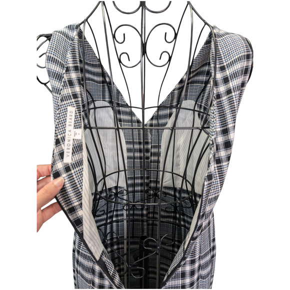 Veronica Beard Lark XS 2 V-Neck Button-Front Black White Plaid Sheath Midi Dress - Picture 8 of 9